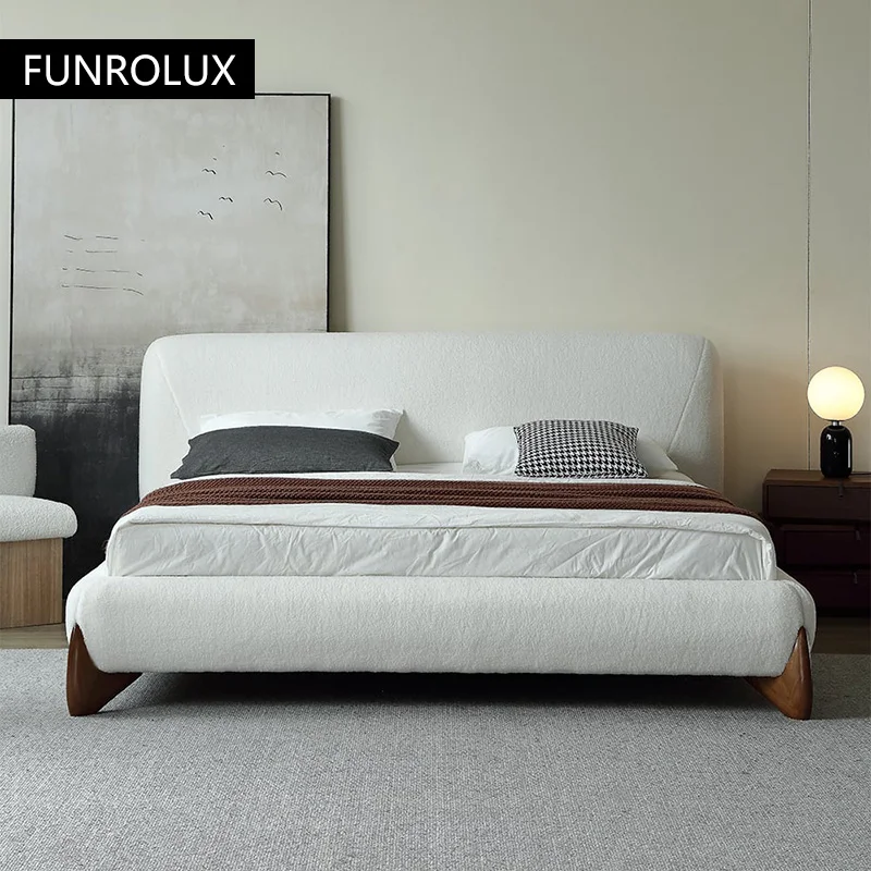 Modern Simple Bed Fabric Bed Japanese Tatami Double Bed Italian Minimalist Master Bedroom Soft Back Lamb'S Wool Bed