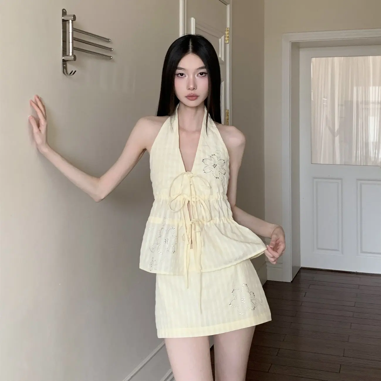 

Yellow Vest Strap ter Ne Sequin Women's Set Casual Sle ort Skirt Two-Piece Suit Polyester Fabric Zipper Closure Slim...