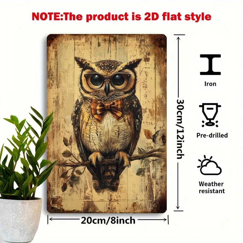 2D Flat, 1pc Vintage Owl Metal Wall Art Sign - Rustic Distressed Iron Decorative Plaque with Glasses & Bow Tie, 8x12 Inch 2D Fla
