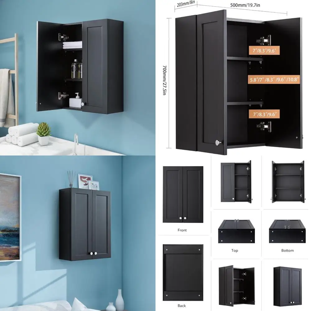matte black wall mount medicine cabinet - over toilet storage with 2 adjustable shelves, dtc hinges & metal handles, easy assemb