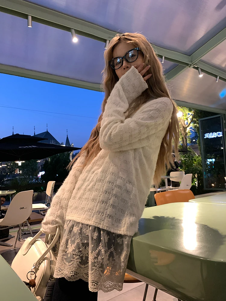 Tawaaiw Fairycore Patchwork Lace T-shirt Woman Clothing Long Turtleneck Korean Fashion Autumn Tops Long Sleeve Tees Female Y2k