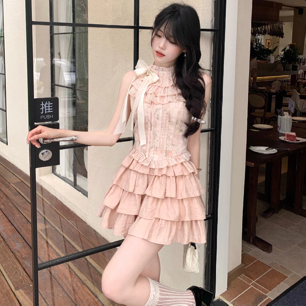 Elegant Sweet Pink Suit Stand Collar Bow Sleeveless Single-breasted Printed Tops High Waist Pink Cake Skirt Two-piece Sets Women