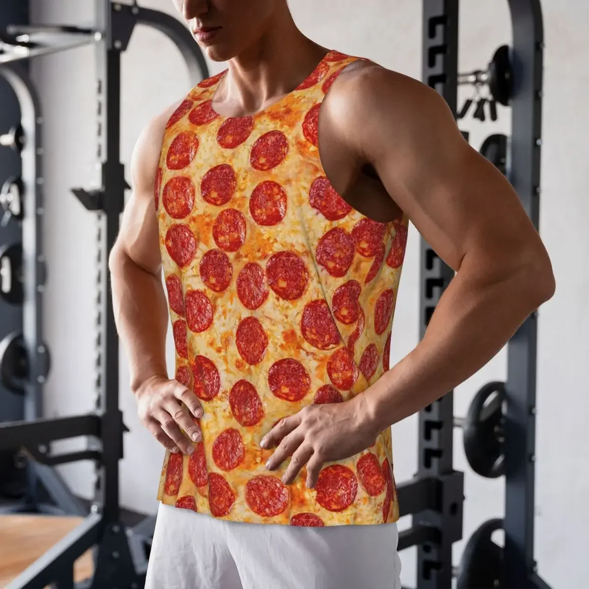 Quick Dry Realistic Pepperoni Pizza Pattern Gym Tank Muscle Sleeveless Shirt Bodybuilding Breathable Vest