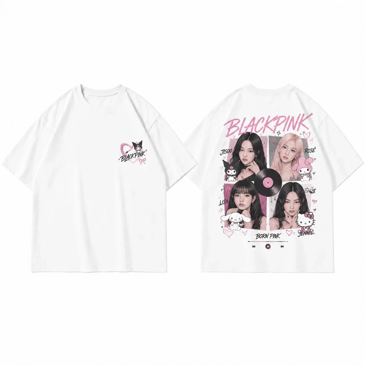 White Tee Men's Women's Sanrio Hello Kitty BLACKPINK Korea Parent Child Cool Art Print Oversized Short Sleeve Streetwear Top