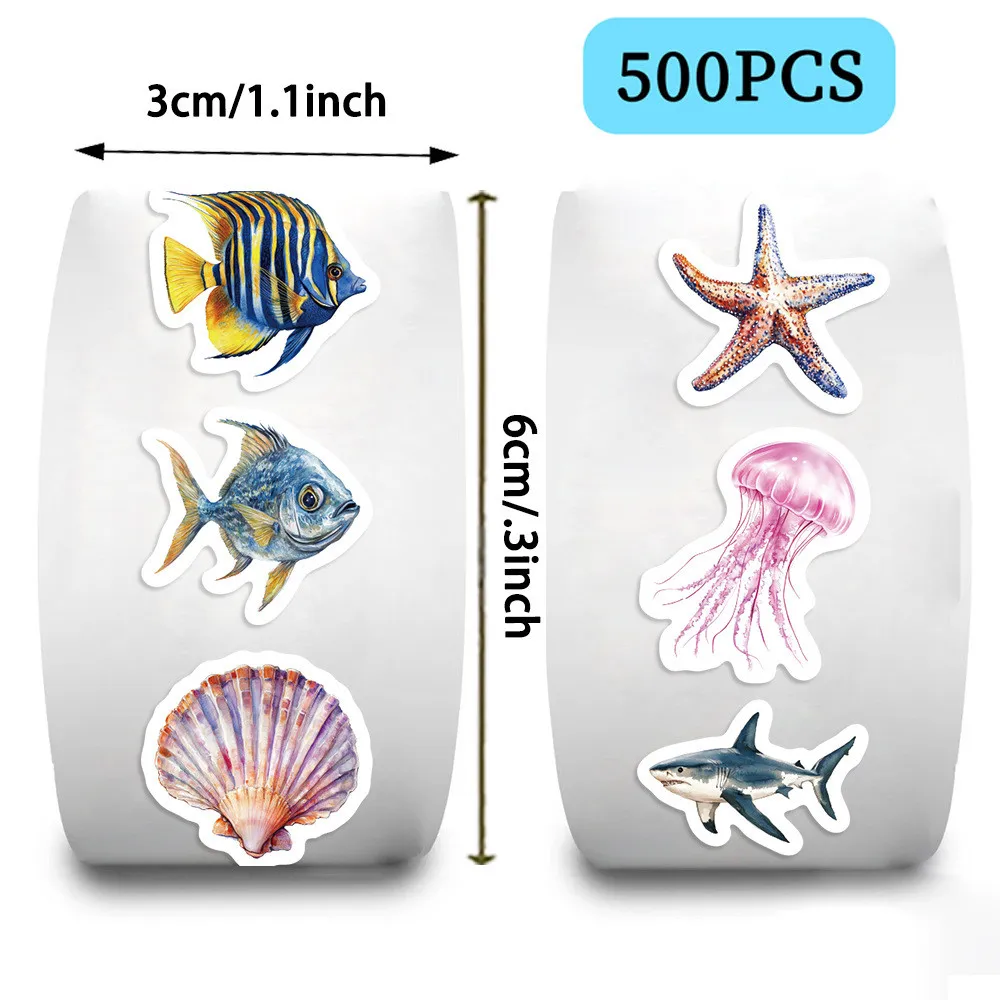 500 Stück/Rolle Cartoon-Meeresleben- und Muschelaufkleber, wasserfeste PVC-Aufkleber für Tagebücher, Handyhülle, Dekor, Aufnahme, YourLife Store
