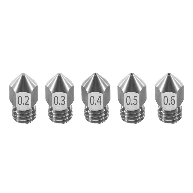 Boquilla roscada de acero inoxidable para impresora 3D, M6 de boquilla MK8, 0,2, 0,3, 0,4, 0,5, 0,6mm para filamento de 1,75mm para CR10, CR-10S, Ender 3, Ender 5