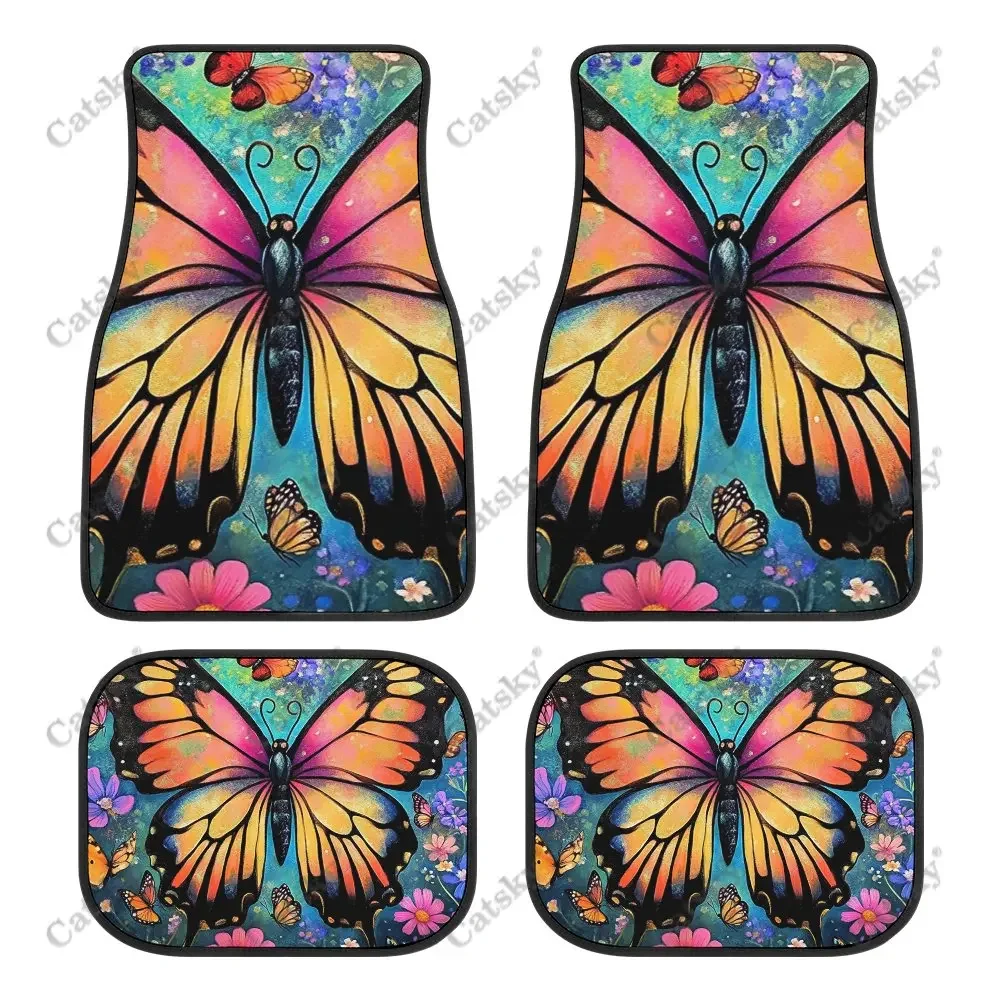 

Colorful Butterfly Car Floor Mats 4-piece Front Rear Carpet Stain-resistant Complete Set Suitable for SUV Truck Interior Decor