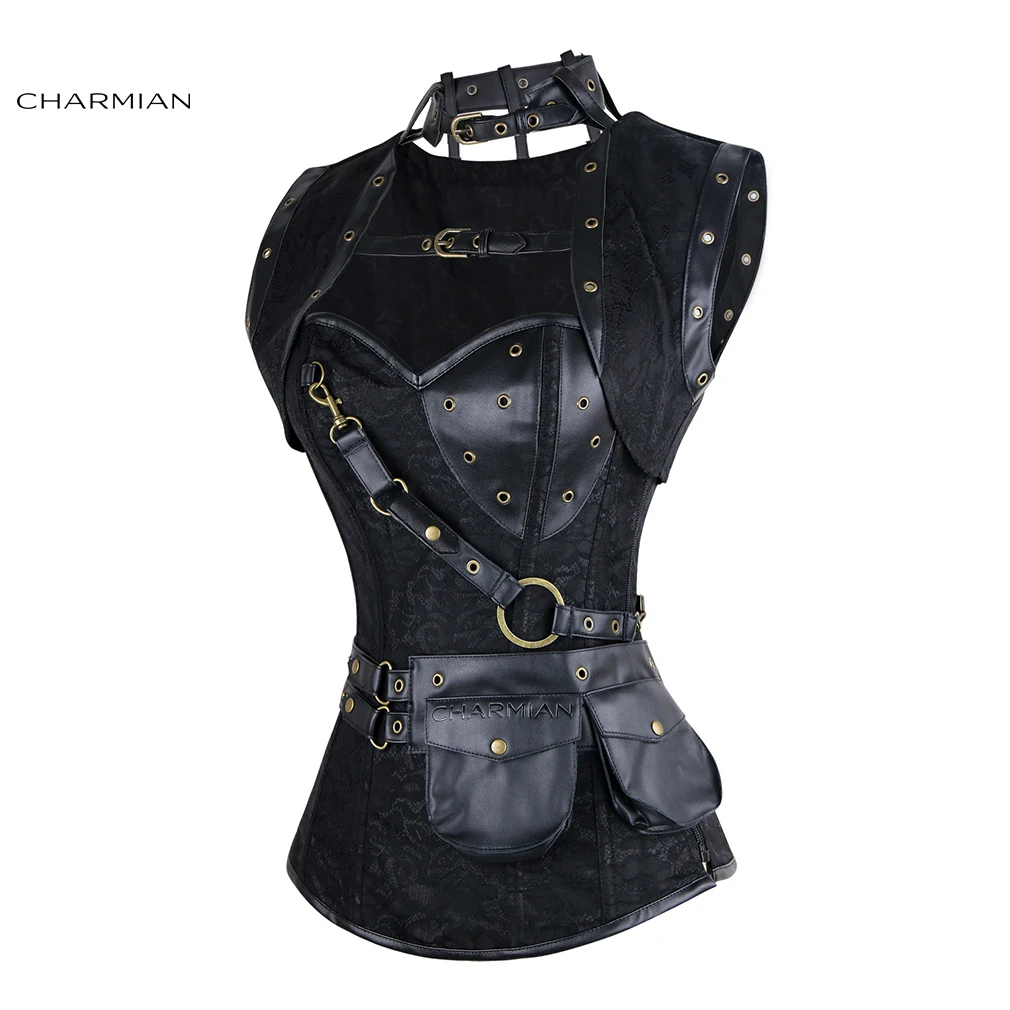 Charmian Steampunk Corset Black Women Retro Steel Boned Plus Size Leather Corset Top with Belt Bustier Halloween Gothic Clothes