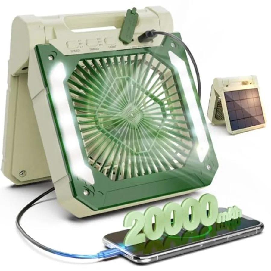 

20000mAh Portable Fan Rechargeable with Solar Panel 2-in-1 3 Speeds Cordless Battery Powered Fan with Led Lantern Timer Quiet U