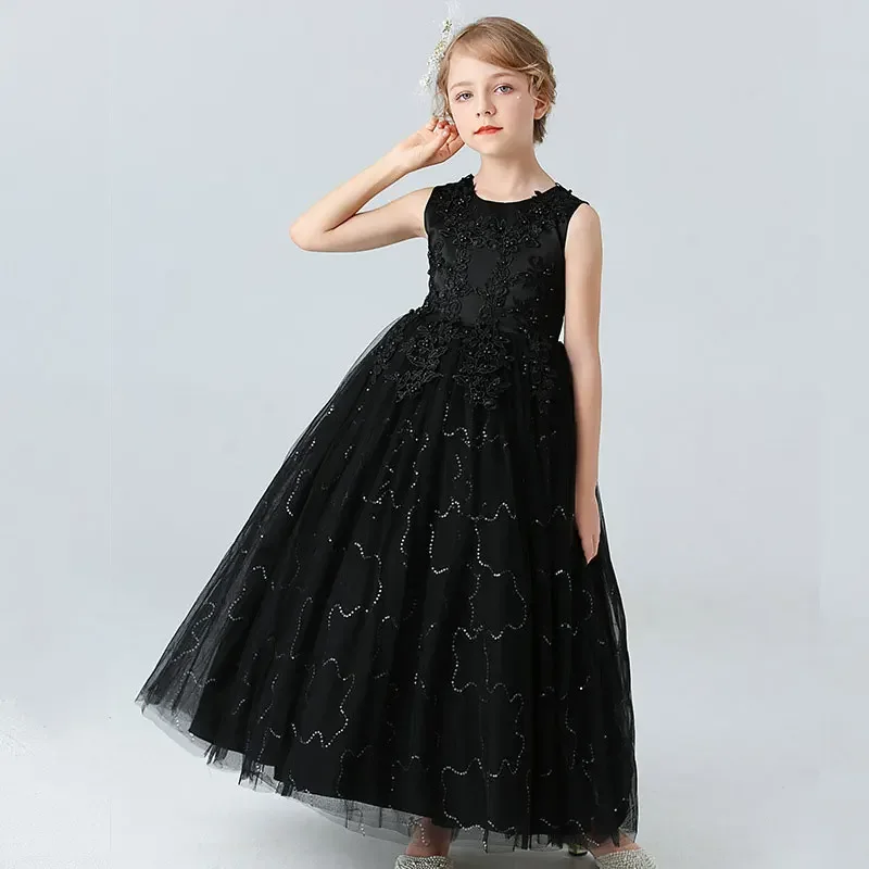 Summer Flower Girl Dresses for Weddings Solid Color Party Dress for Kids Girl Lace Sleeveless Girls Party Dress 3-14Y
