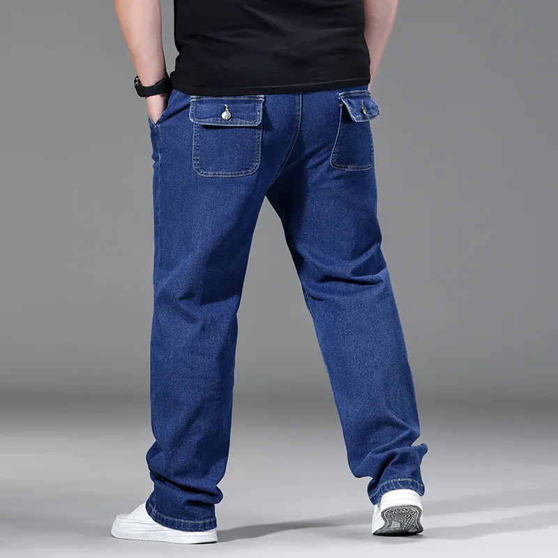 

2026 New Men Plus Size Loose Straight Jeans High Waist Drawstring Wide Leg Pants Flap Back Pocket Baggy Trousers For Big Tall