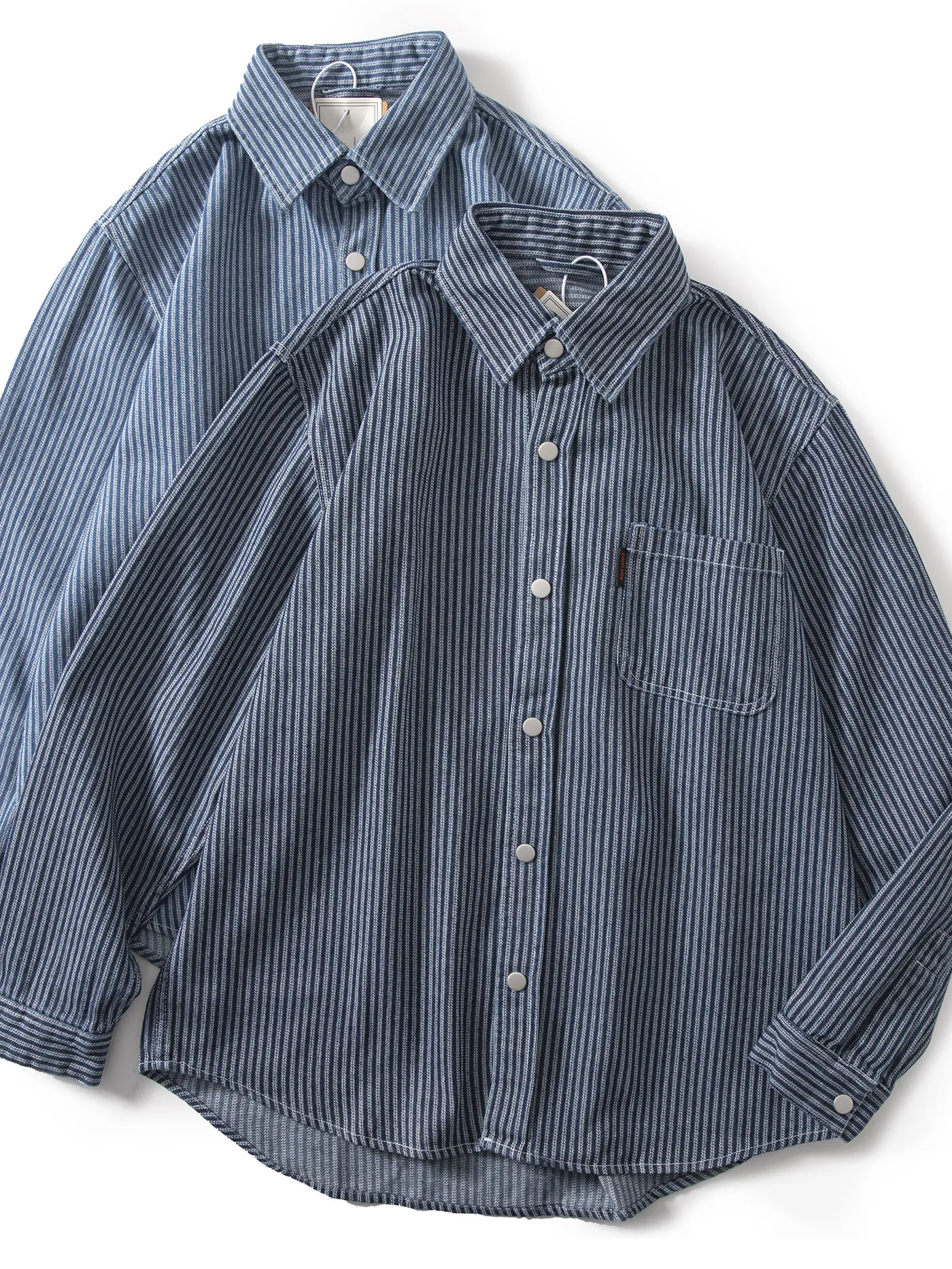 Heavyweight Washed Striped Denim Shirt Jacket for Men Cotton Collared American Vintage Casual Ideal for Spring/fall Layering