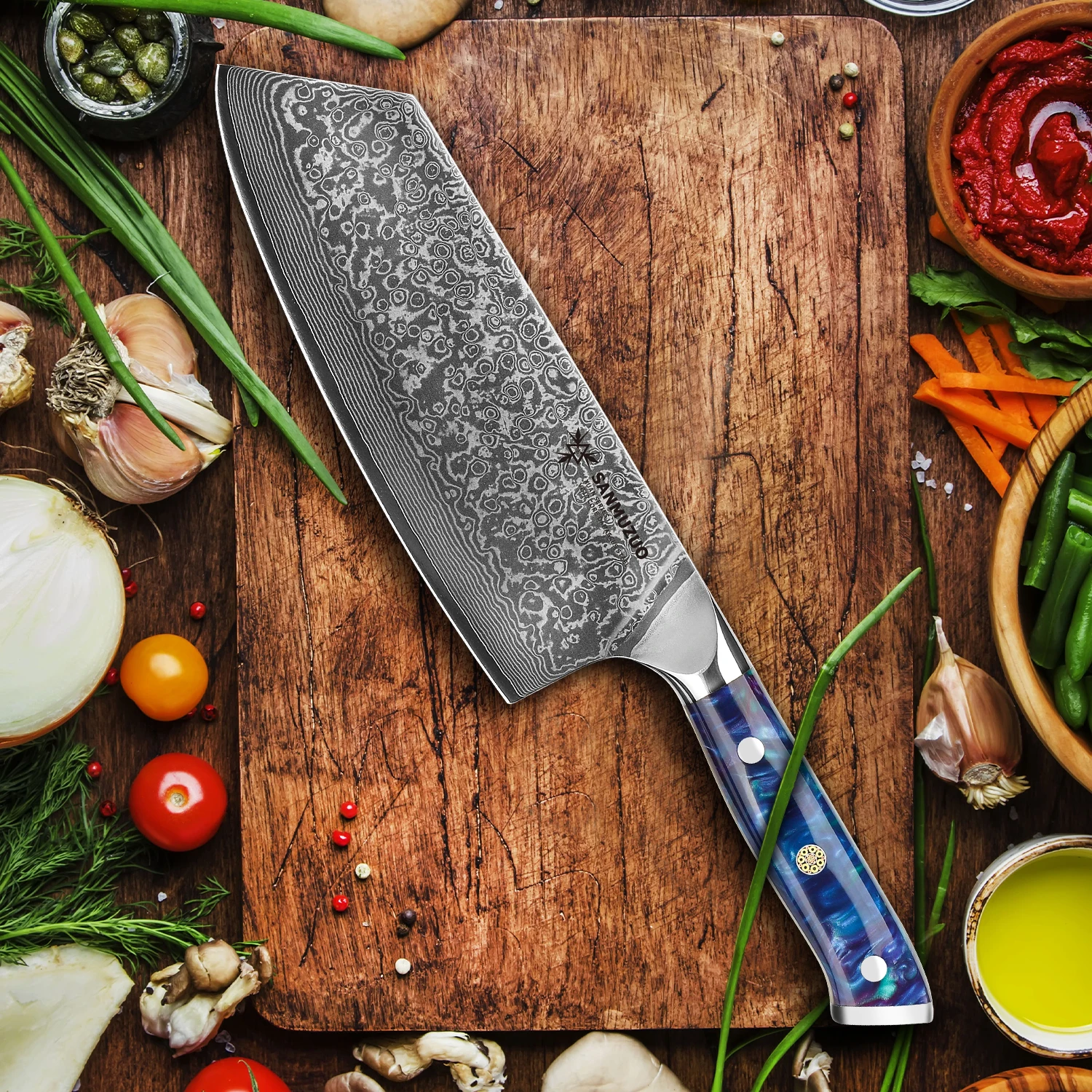 SANMUZUO Nakiri Knife - 7.5 inch Cleaver Knife- Xuan Series - VG10 Damascus Steel Kitchen Knife - Resin Handle（BLUE）