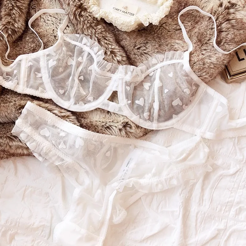 Bügel-Dessous-Set im französischen Stil, herzförmiges Mesh und Spitze, tiefes Minimiser-BH für volle Brüste, sexy Bustier und Slips S-XL