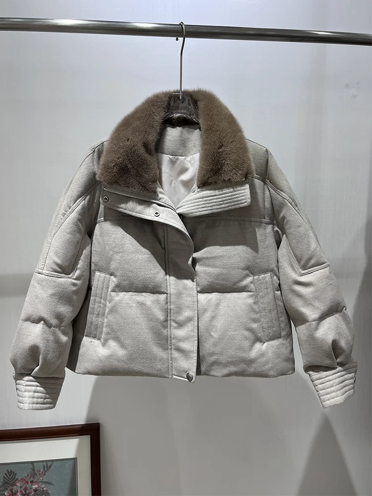 2025 المرأة شتاء دافئ أوزة أسفل سترة ريال فرو منك طوق الكشمير الصوف سترات قصيرة سترات منتفخة الإناث عادية #3