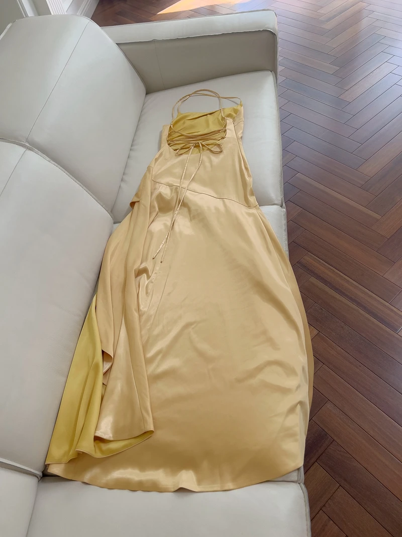 Ele Giallo Satin Holiday Dr con cinturino Bal Design diviso per la cena di fine anno Par Gonna a trapezio a vita alta