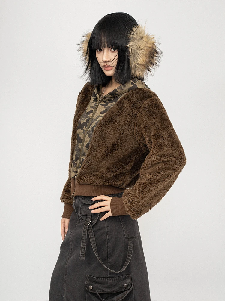 OCTTFLAB 아메리칸 레트로 카무플라주 숏 재킷 여성용 따뜻한 양면 플로킹 유틸리티 코트 가을 겨울 여성용 탑