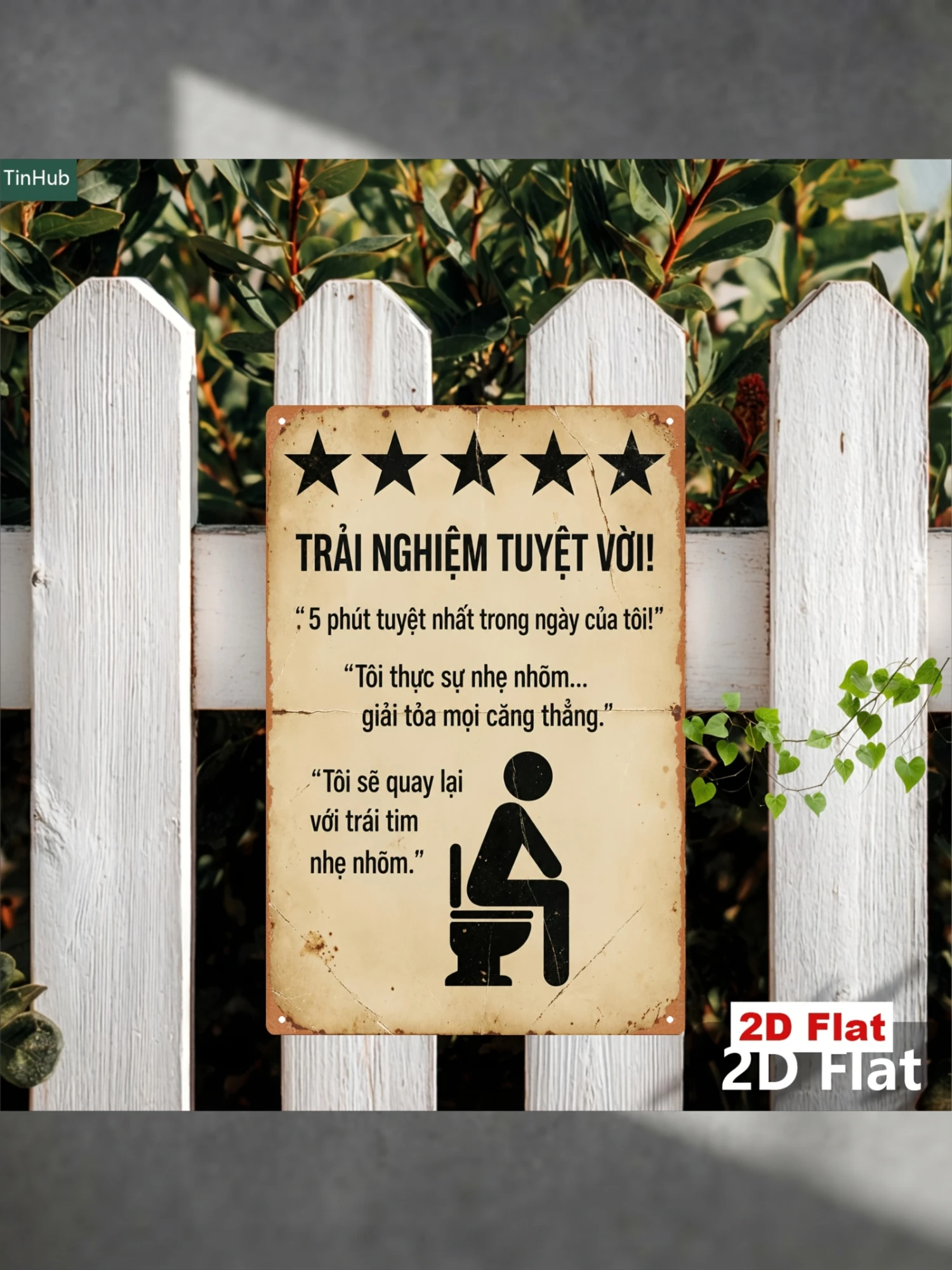2D Flat, 2D Flat 1pc Vintage Vietnamese Slogan Metal Sign, 7.87x11.81inch Iron Hanging Plaque with Five-Star Review and Humorous Toilet Quote Design, Creative Industrial Style Wall Decor, Suitable for Home Bathroom, Office Area, Public Restroom