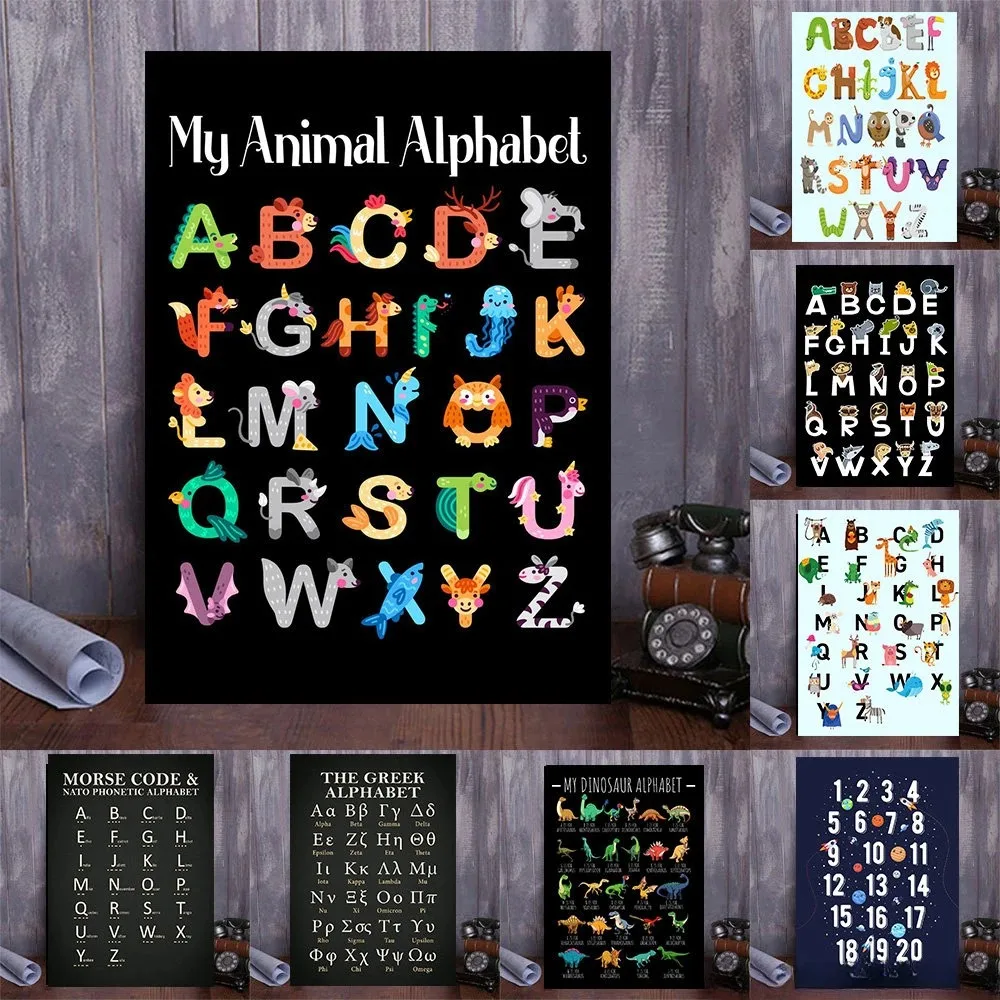 Animal Alphabet Poster Canvas Wall Art Educational Dinosaur ABC Letter Numerals Painting Print Picture Kids Room Nursery Decor