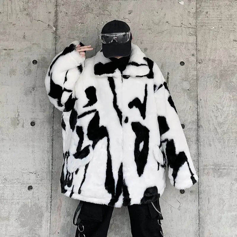 Winter Men'coat Fleece Fluffy Men Jacket Hip Hop Streetwear Harajuku Urban Fuzzy Zipper Thicken Coat Unisex Print Jackets Women