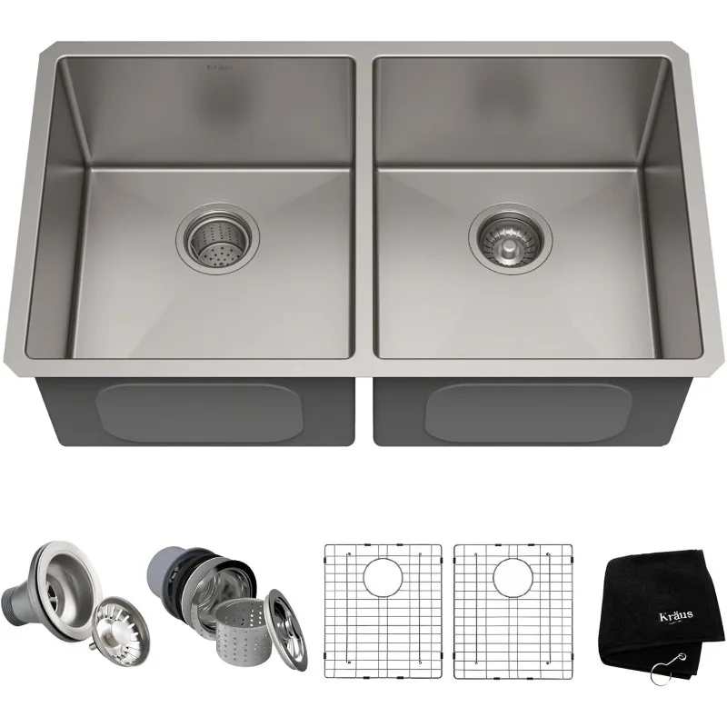 Kraus Standard PRO 33-inch 16 Gauge Undermount 50/50 Double Bowl Stainless Steel Kitchen Sink, KHU102-33