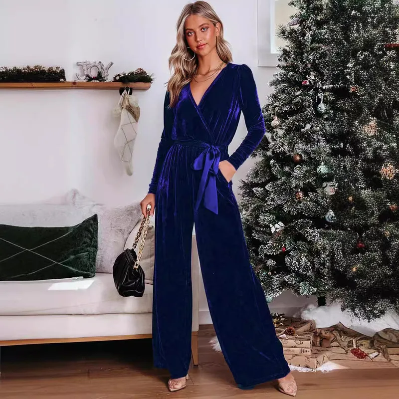 Women's Jumpsuit Commuter Casual Top Comfortable Career Solid Color Long Sleeve V-neck Fashion Elegant Straight Leg Pants