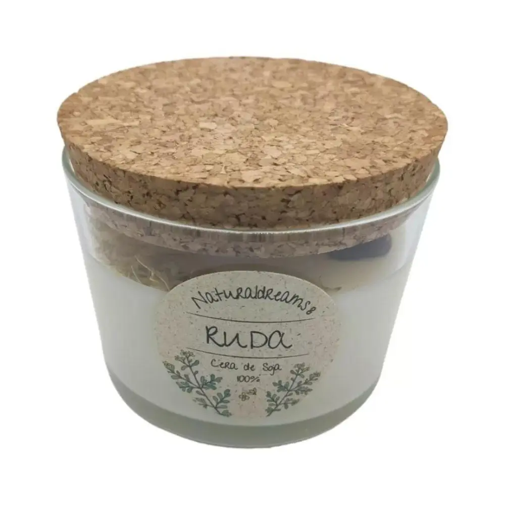 Vadeincienso 100% Natural Ruda Soy Wax Candle 125g, handmade eco-friendly candle with intense herbal aroma for stress relief and negativity removal, in a recyclable glass jar with cork lid. Perfect scented candle for a soothing atmosphere.