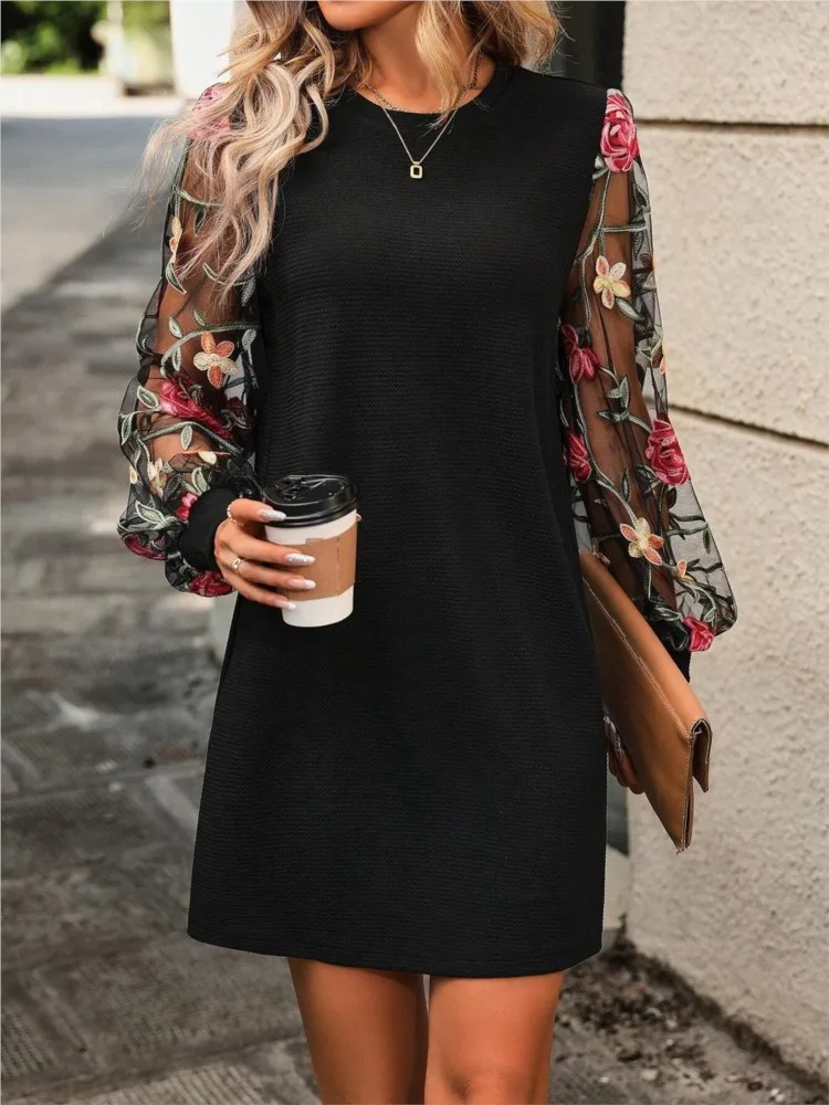 

New Leisure Dress Women's Perspective Long Sleeve Printed Round Neck Mini Skirt Party Dress Office Lady Clothing