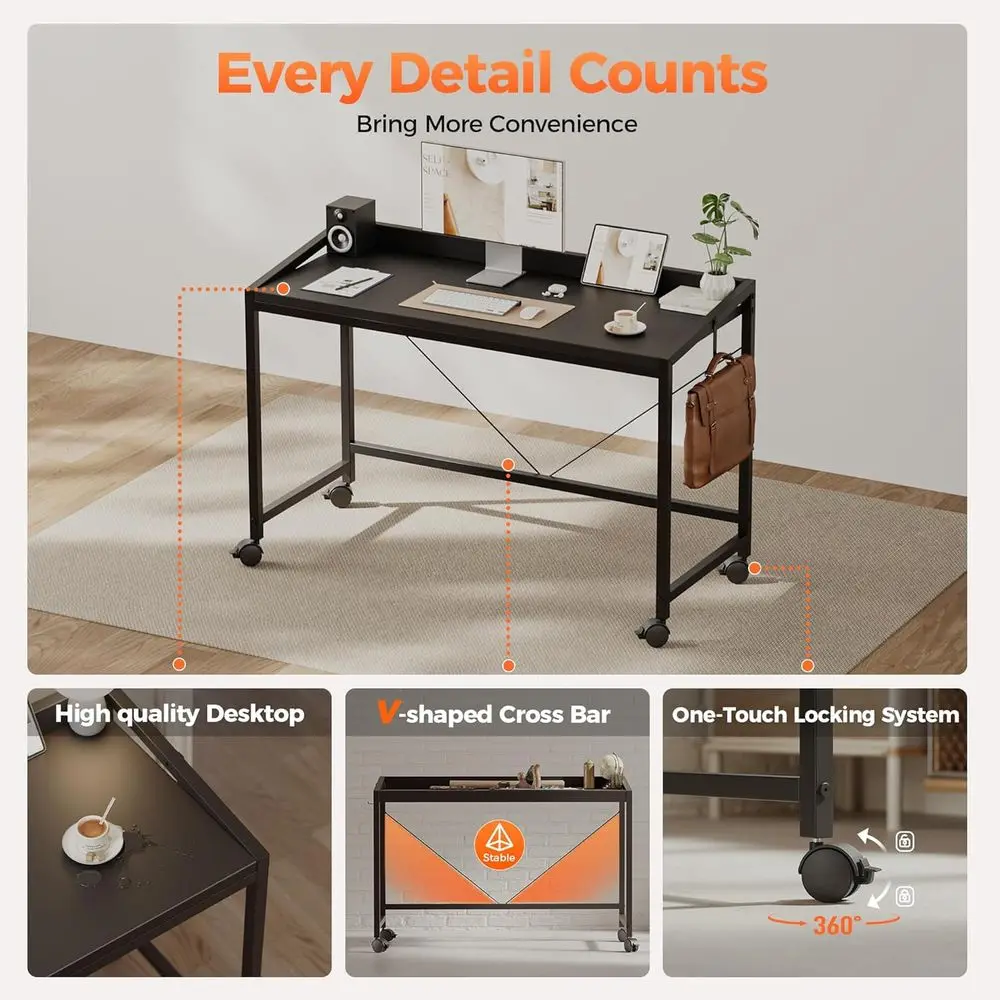 مكتب ألعاب مدمج بعجلات، 40 مكتبًا منزليًا حديثًا للمساحات الصغيرة، طاولة دراسة سوداء أنيقة