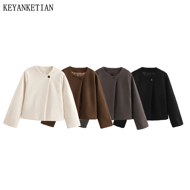 KEYANKETIAN Winter New Women's Short Wool Suit Simple style Asymmetrical One-Button O-Neck Cropped Blazer Office Lady Greatcoat