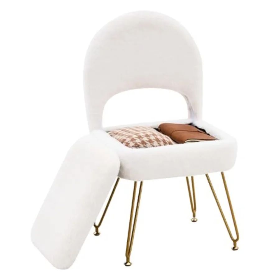 

Vanity Stool Chair with Folding Back, Storage Ottomans Faux Fur Vanity Chair, Multifunctional Upholstered Footstool with 4 Meta