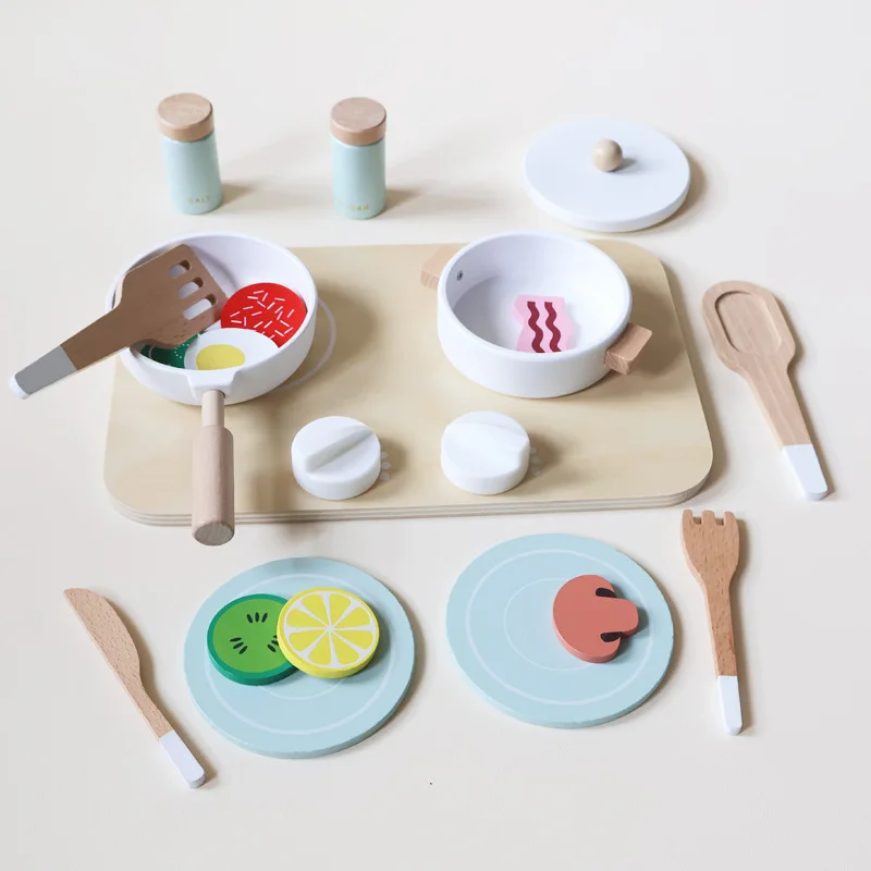 Juego de juguetes de cocina de madera minimalista: ollas/sartenes/cuchillos de cocina para niños pequeños, juego de chef pequeño