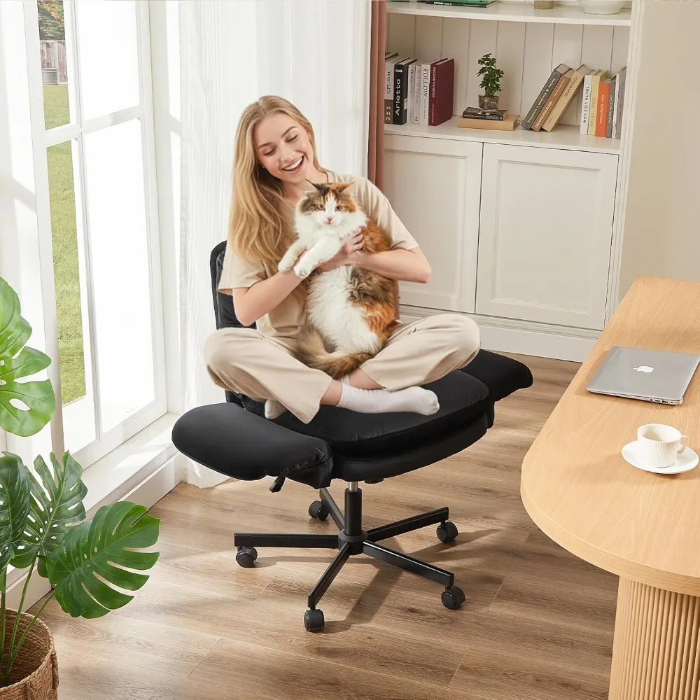 كرسي مكتب كبير مريح مع دعم قطني ومساند للذراعين قابلة للطي، كرسي كمبيوتر من جلد البولي يوريثان عالي التحمل، أسود