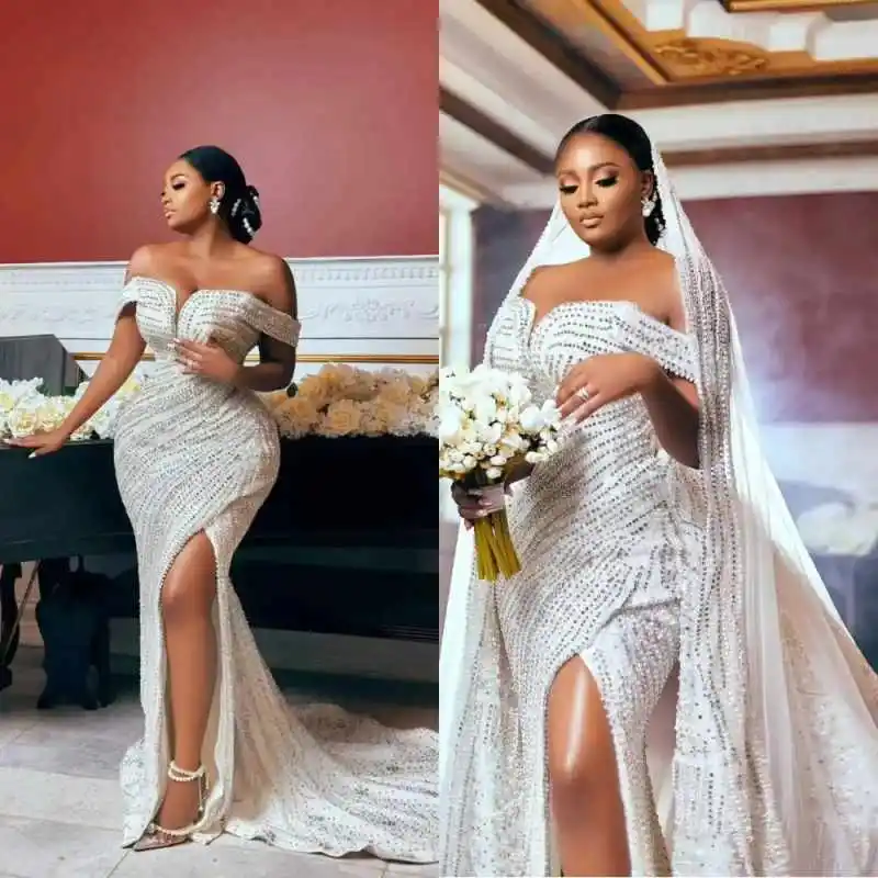 

Роскошное свадебное платье русалки с открытыми плечами и кристаллами и блестками, платья невесты с высоким разрезом, длиной до пола, свадебные платья по индивидуальному заказу