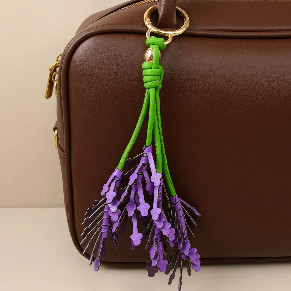 Purple Floral Bag Charm Green Stem Bouquet Decorative Purse Charm Keychain For Handbags Tote Bags Women Flower Lovers Gift Idea