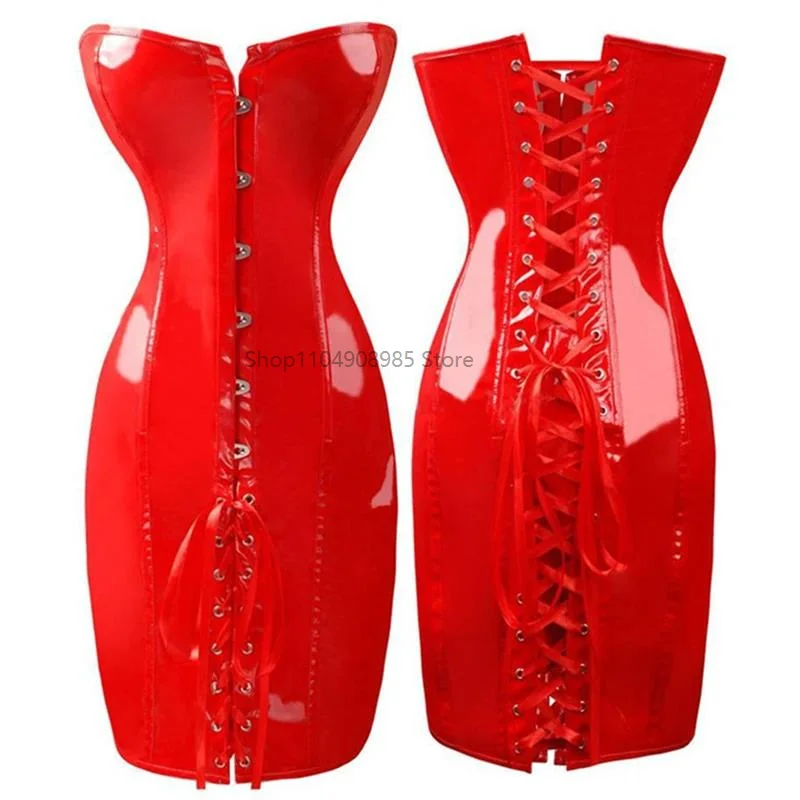 

Black/Red Long Torso Leather Corset Sexy Gothic Corset Dress PVC Leather Boned Bustier Shape Body Slim Bustiers Waist Cincher