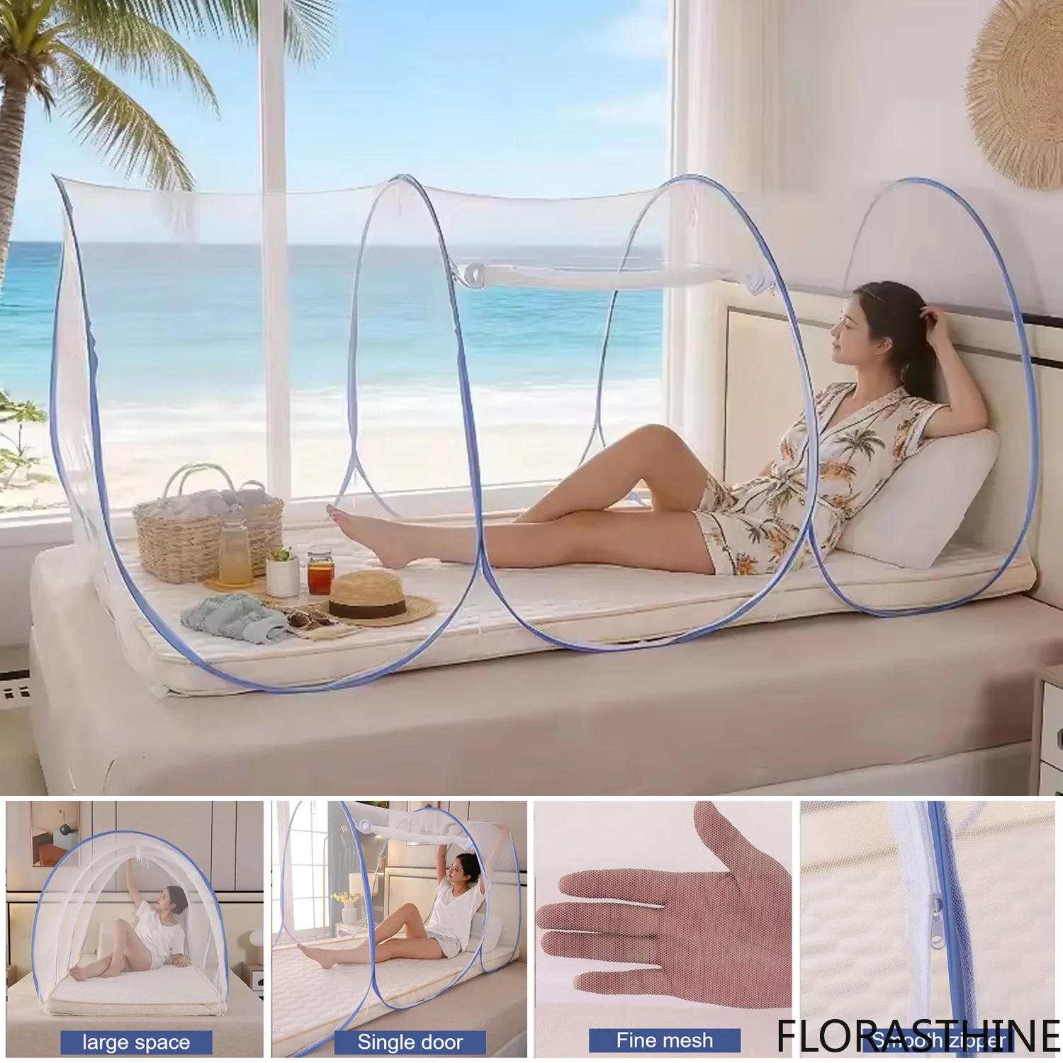 360° Mosquito Net Protection Breathable Mesh for Single Bed, Foldable Pop Up Net Mosquito Easy to Install Portable Travel Canopy
