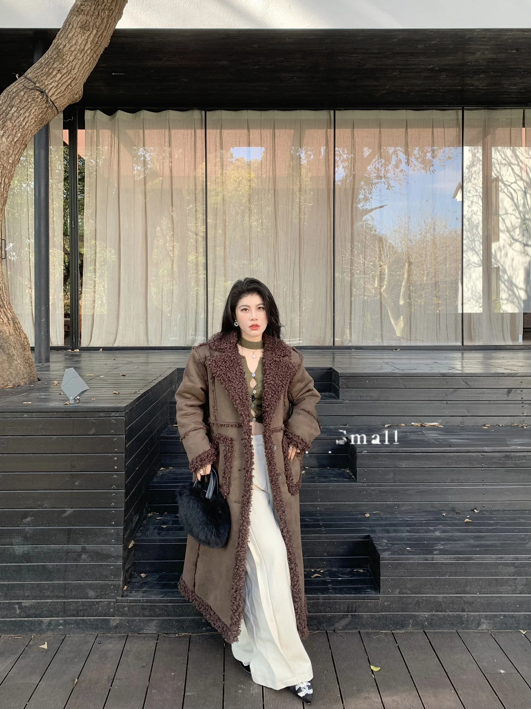 

LuvMuse American Retro Long Coat Women's Faux Fur Leather Jaet V-Ne Thiened Winter Outerwear Commute Sle