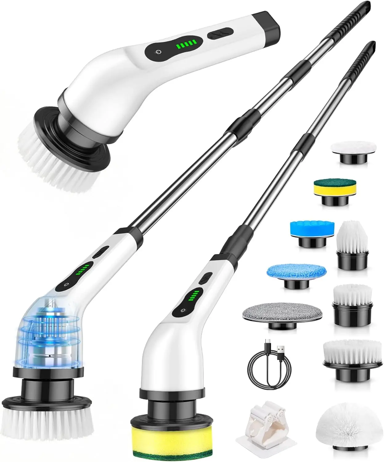 

Cordless Electric Spin Scrubber, 9 Replaceable Heads, Adjustable Handle, IPX7 Waterproof, Rechargeable