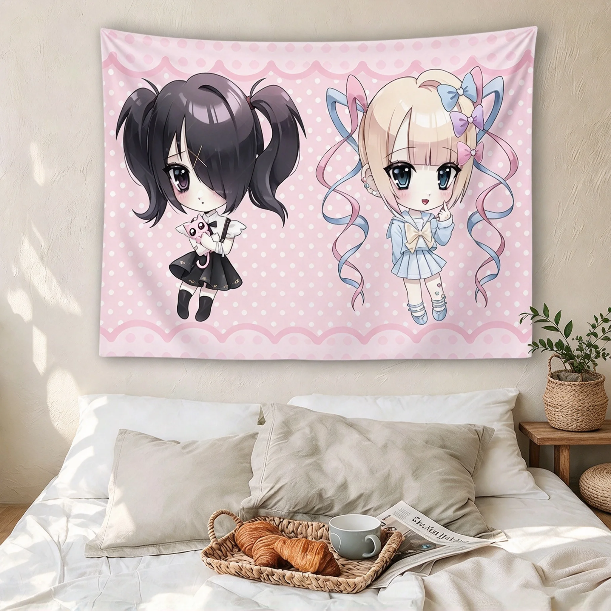 1pc Needy Girl OverdoseS Tapestry, Ame-Chan & KAngel Pink Polka Dot Anim Suitable for Living Room Background, Bedroom Wall Decor