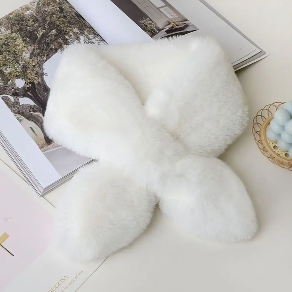 Cute Solid Color Cross Scarf Faux Rabbit Fur Thicken Neckerchief Wrap Shawl Women