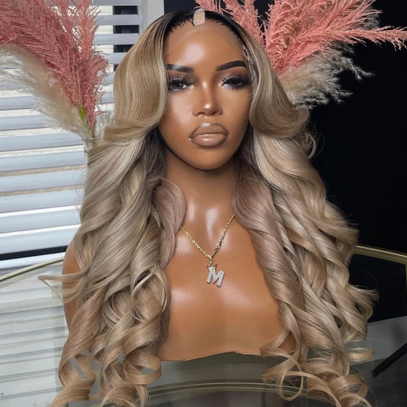 

Highlights Rose Gold V Part Lace front wig 1x4 U Part 100% Human Hair wig black root ombre rose white body wave Peruvian Wig