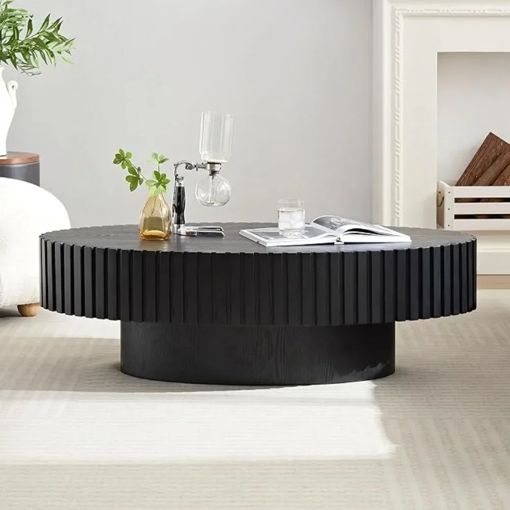 43.7''W Contemporary Coffee Tables Drum Pedestal Table for Living Room, Modern Fluted Drum Side Table Oval End Table Café Tables