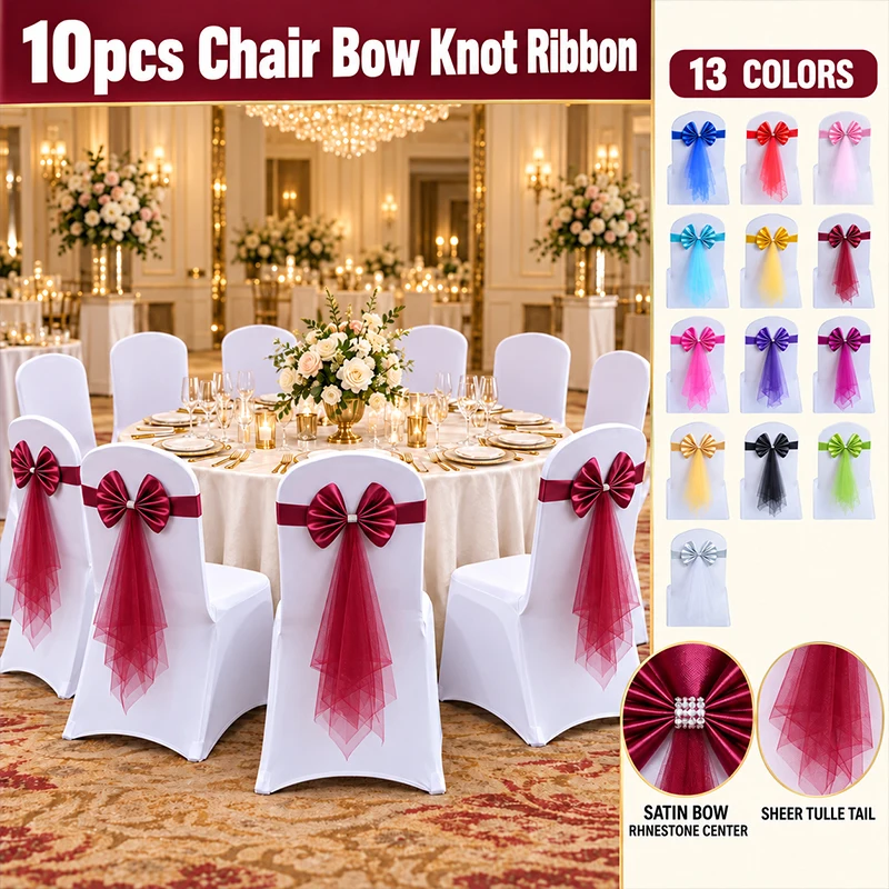 10pcs Satin Bow Tie Sash Band for Wedding Chair Decoration Shiny Birthday Party Hotel Wholesale, Finished Design, Easy To Use