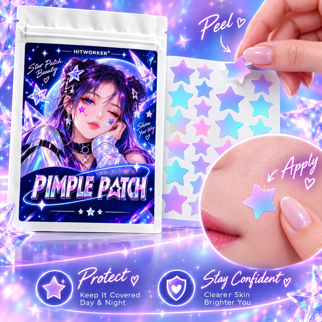 280pcs Hydrocolloid Pimple Patches, Star Shape Spot Cover Stickers, Iridescent Face Patch, Ultra-Thin Easy Peel Day Night Use