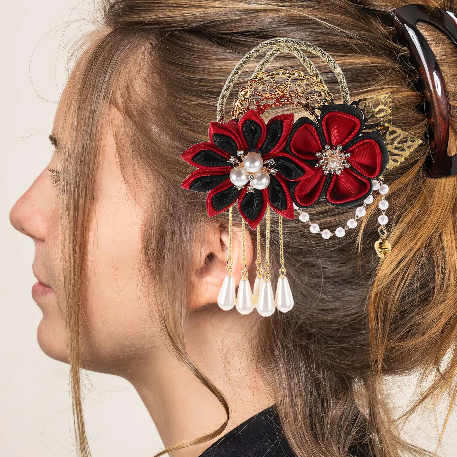 

Винтажная китайская/японская заколка для волос с цветочным узором и кисточкой, боковая заколка для ханьфу, кимоно, старинных азиатских костюмов, элегантное ретро-украшение для волос