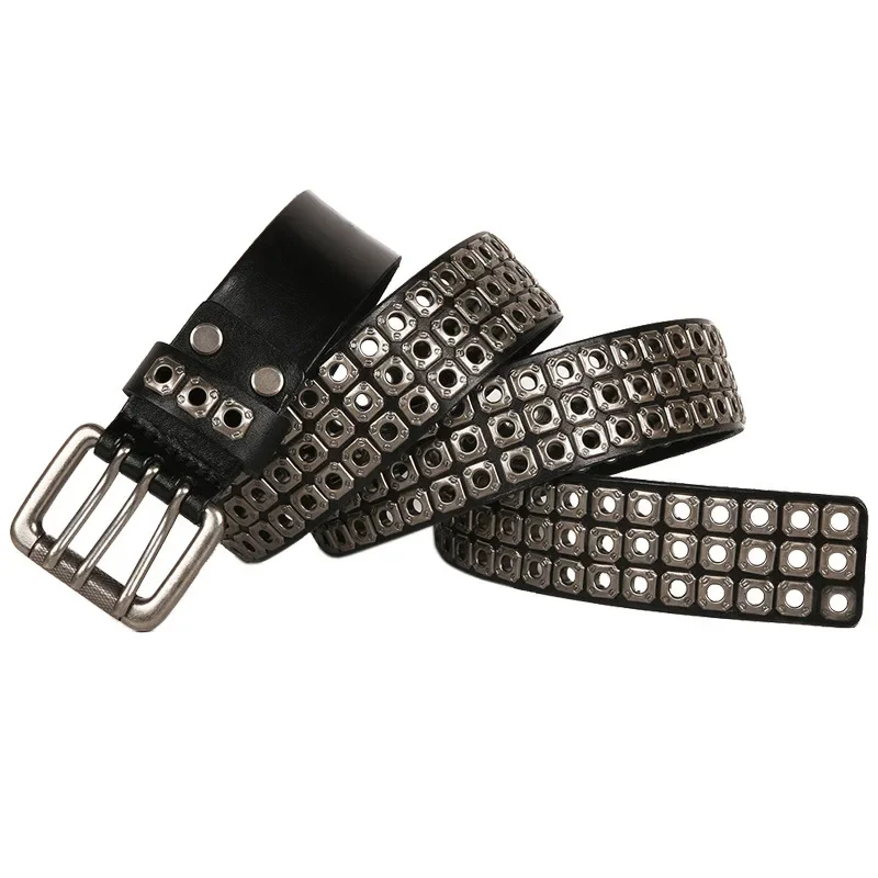 

Metal Punk Hollow Rivets Alloy Buckle Men's First Layer Cowhide Belt Women's Three-pin Buckle MenCeinture Homme KBP0001