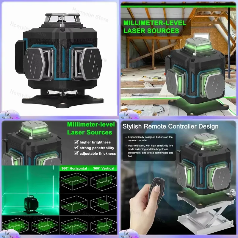 Laser Level Tool with 360° Horizontal and Vertical Lines 16-Point Cross Line Self-Leveling Construction Level Kit with
