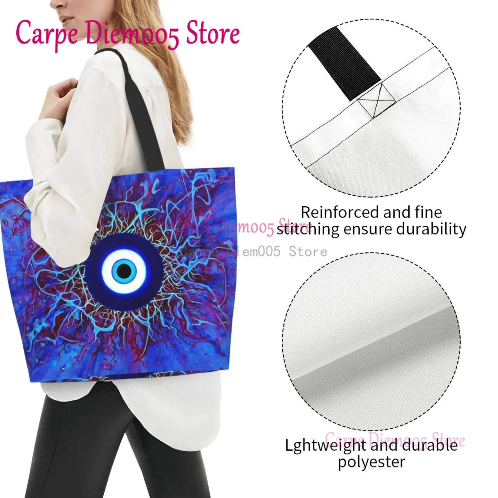 Women Shoulder Bag Navy Blue And Aqua Nazar Evil Eye Lucky Charm Large Capacity Shopping Grocery Tote Bag For Ladies