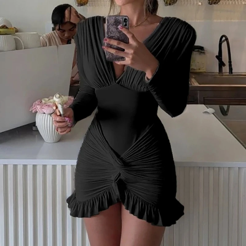 

Elegant Lady Irregular Banquet Dress Fashion V-neck High Waist Pleated Mini Dress Summer Casual Long Sleeve Bodycon Party Dress
